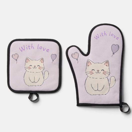 Kitten en harten, gepersonaliseerd ovenwant & pannenlap set (Voorkant)
