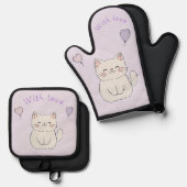 Kitten en harten, gepersonaliseerd ovenwant & pannenlap set (Voorkant / Achterkant)
