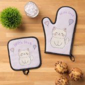 Kitten en harten, gepersonaliseerd ovenwant & pannenlap set (Top down)
