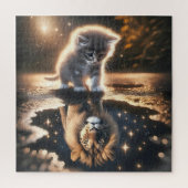 Kitten en Leeuw Puddle Reflectie Legpuzzel (Verticaal)