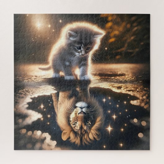 Kitten en Leeuw Puddle Reflectie Legpuzzel (Verticaal)