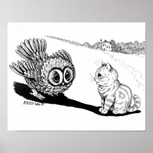 Kitten en Owl, Louis Wain Poster