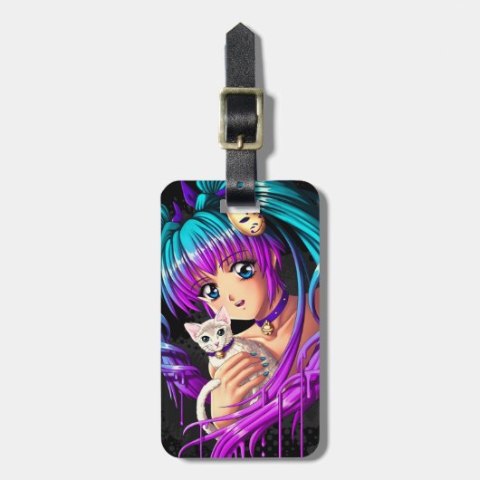 Kitten en Pigtail Manga Girl Bagagelabel (Voorkant verticaal)