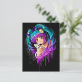 Kitten en Pigtail Manga Girl Briefkaart (Staand voorkant)