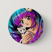 Kitten en Pigtail Manga Girl Ronde Button 5,7 Cm (Voorkant)
