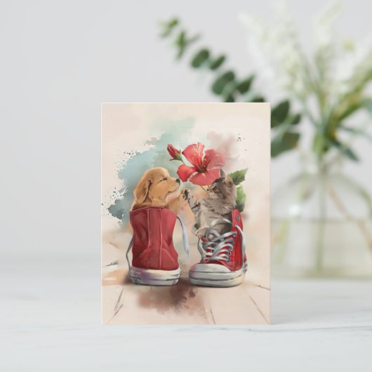 Kitten en puppy groeten elkaar briefkaart (Staand voorkant)