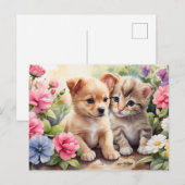 Kitten en Puppy in de bloementuin Illustratie Briefkaart (Voorkant / Achterkant)