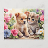 Kitten en Puppy in de bloementuin Illustratie Briefkaart (Voorkant)
