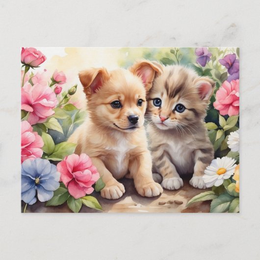 Kitten en Puppy in de bloementuin Illustratie Briefkaart (Voorkant)