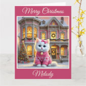 Kitten en Roze Victoriaans Huis Kerst Kaart (Gele Bloem)