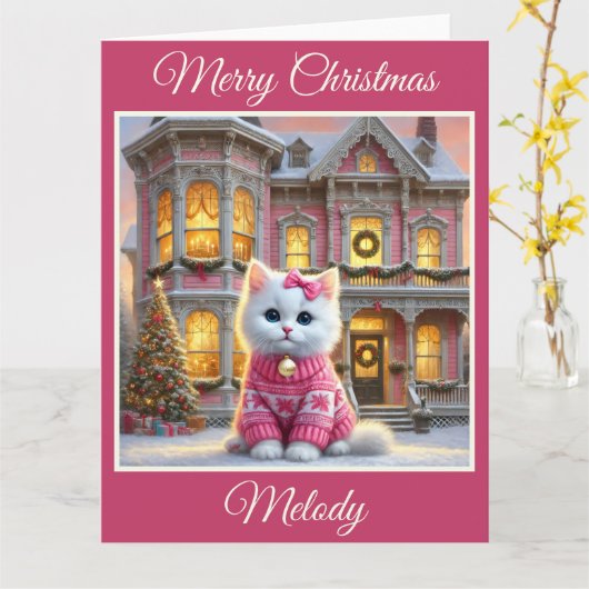 Kitten en Roze Victoriaans Huis Kerst Kaart (Gele Bloem)