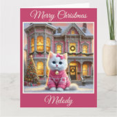 Kitten en Roze Victoriaans Huis Kerst Kaart (Voorkant)