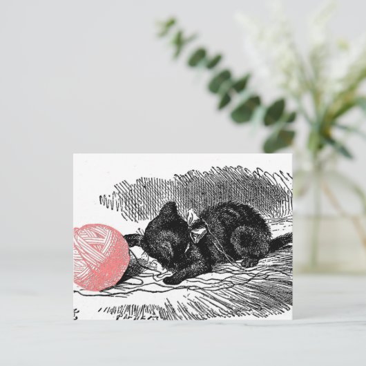 Kitten en Roze Yarn Briefkaart (Staand voorkant)