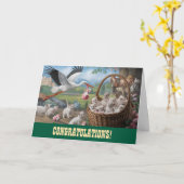 Kitten en Stork New Baby Gefeliciteerd Kaart (Gele Bloem)