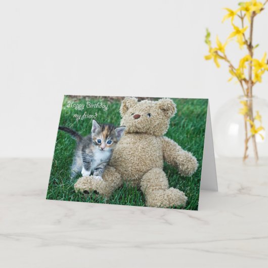 Kitten en Teddy Bear Friends Kaart (Gele Bloem)
