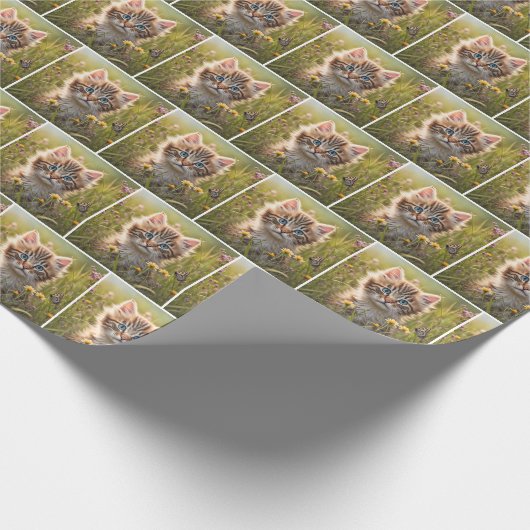 Kitten en vlinder in weide cadeaupapier (Hoek)