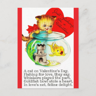 Kitten & Fish Bowl Vintage Valentijnkaart Briefkaart
