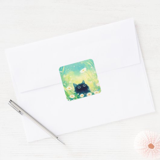 Kitten Flower Retreat Vierkante Sticker (Envelop)
