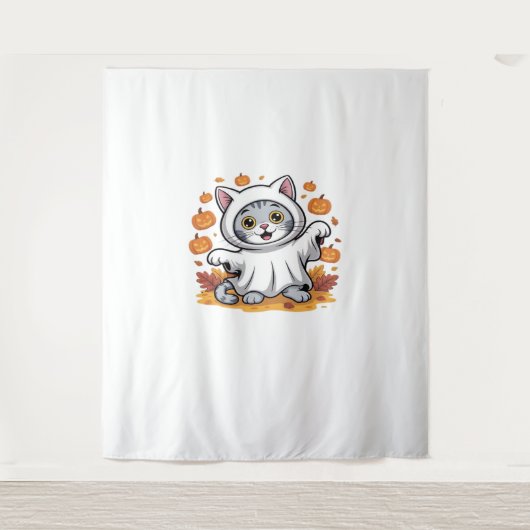 Kitten gekleed als een geest voor Halloween Classi Wandkleed (Voorkant)