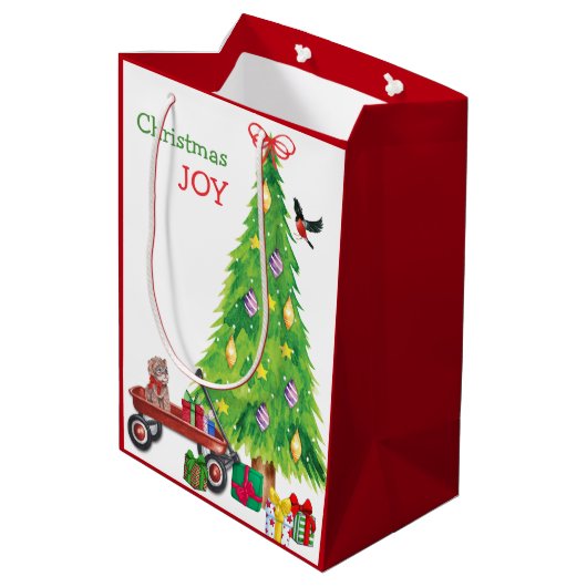 Kitten Gift in Wagon, Bird en kerstboom Medium Cadeauzakje (Achterkant Gekanteld)