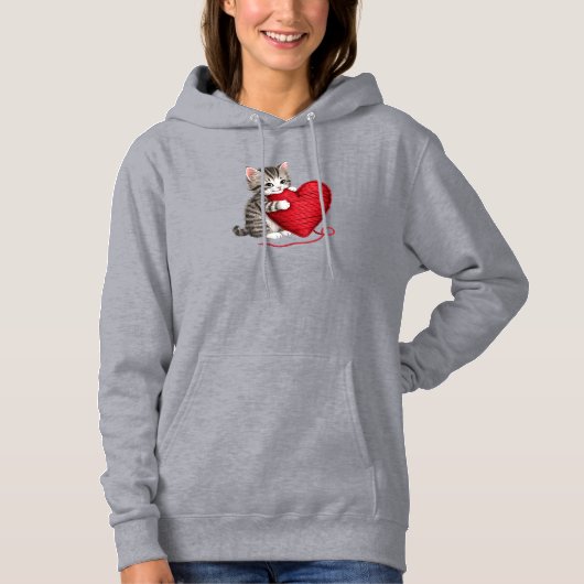 Kitten Hart Sweatshirt, Kitten met Garen Hart Hoodie (Voorkant)