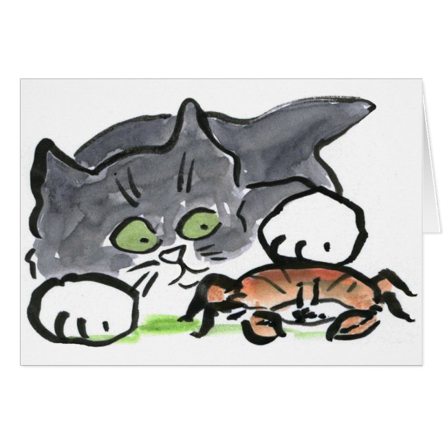 Kitten heeft een krab gevonden op het strand (Voorkant Horizontaal)