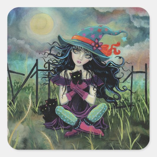 Kitten Heks Fantasie Kunst Door Molly Harrison Vierkante Sticker (Voorkant)