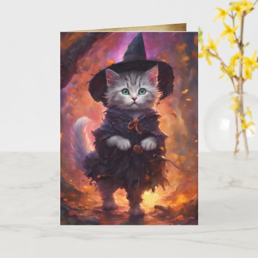 Kitten heks, gelukkig Halloween Schattigee kat hek Kaart (Gele Bloem)