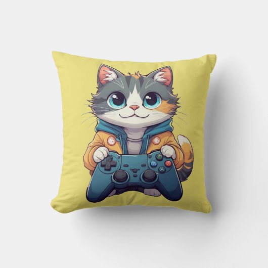 Kitten Holding Game Controller Smiling Gamer Cat Kussen (Voorkant)