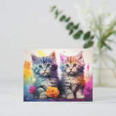 Kitten Illustratie Levendige Bloemen Waterverf Briefkaart (Staand voorkant)