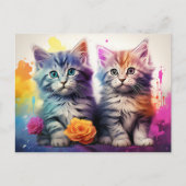 Kitten Illustratie Levendige Bloemen Waterverf Briefkaart (Voorkant)