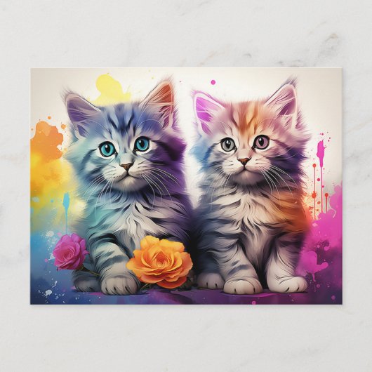 Kitten Illustratie Levendige Bloemen Waterverf Briefkaart (Voorkant)