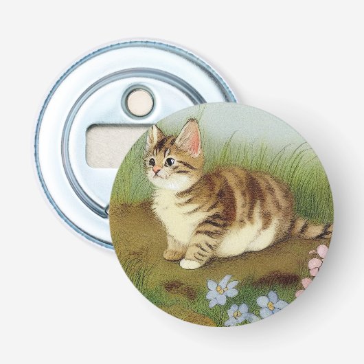  Kitten Illustratie met bloemen Button Flesopener (Voorkant)