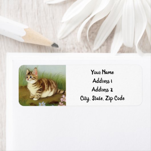  Kitten Illustratie met bloemen Etiket (Insitu)