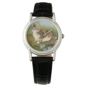 Kitten Illustratie met bloemen Horloge