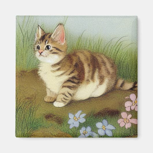 Kitten Illustratie met bloemen Magneet (Voorkant)