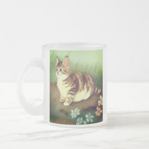  Kitten Illustratie met bloemen Matglas Koffiemok