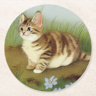 Kitten Illustratie met bloemen Ronde Kartonnen Onderzetter