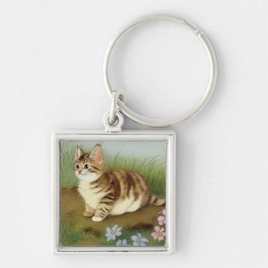  Kitten Illustratie met bloemen Sleutelhanger (Voorkant)