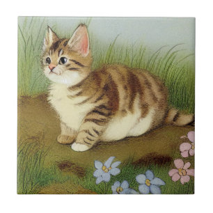 Kitten Illustratie met bloemen Tegeltje