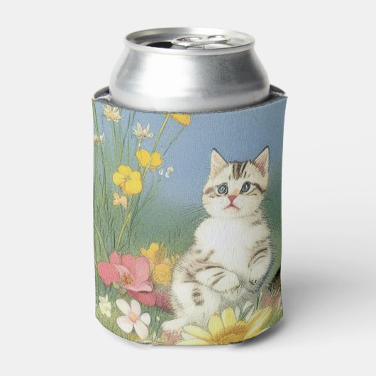 Kitten Illustratie met Gele Bloemen Blikjeskoeler (Blikje Voorkant)