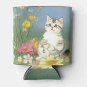 Kitten Illustratie met Gele Bloemen Blikjeskoeler (Voorkant)
