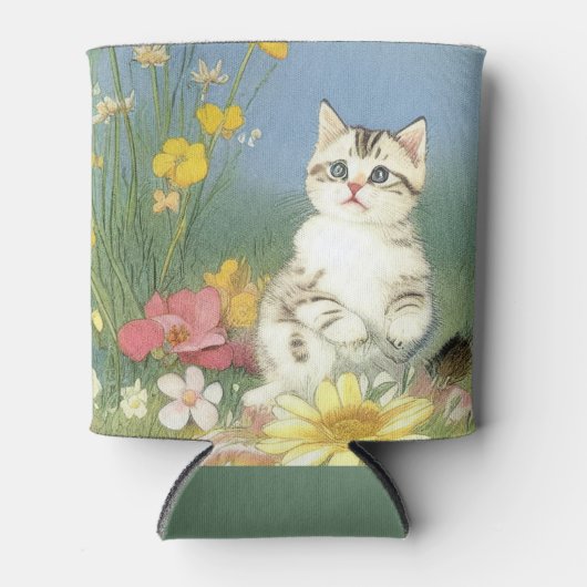  Kitten Illustratie met Gele Bloemen Blikjeskoeler (Voorkant)