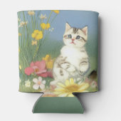 Kitten Illustratie met Gele Bloemen Blikjeskoeler (Achterkant)