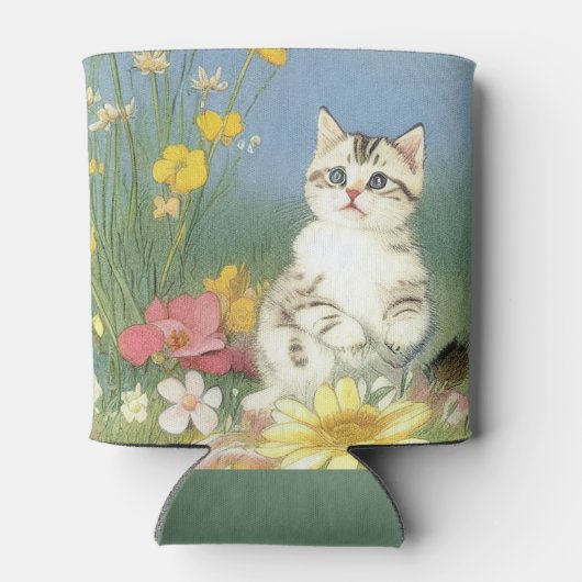 Kitten Illustratie met Gele Bloemen Blikjeskoeler (Achterkant)
