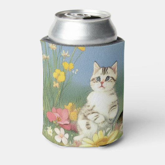 Kitten Illustratie met Gele Bloemen Blikjeskoeler (Blikje Achterkant)