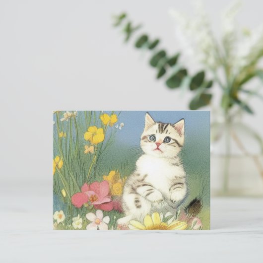  Kitten Illustratie met Gele Bloemen Briefkaart (Staand voorkant)