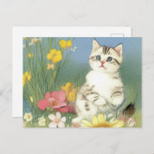  Kitten Illustratie met Gele Bloemen Briefkaart (Voorkant / Achterkant)