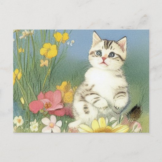  Kitten Illustratie met Gele Bloemen Briefkaart (Voorkant)