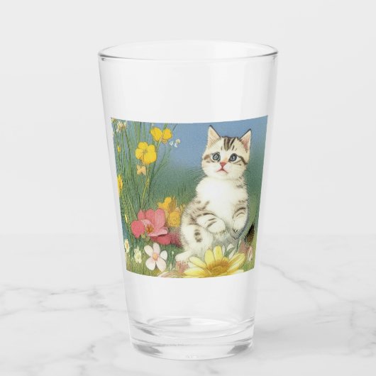  Kitten Illustratie met Gele Bloemen Glas (Voorkant)
